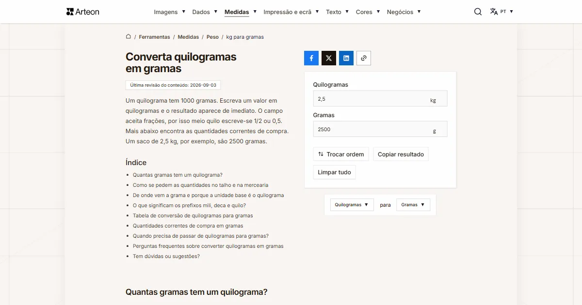 Captura de ecrã da ferramenta gratuita da Arteon: Converta quilogramas em gramas