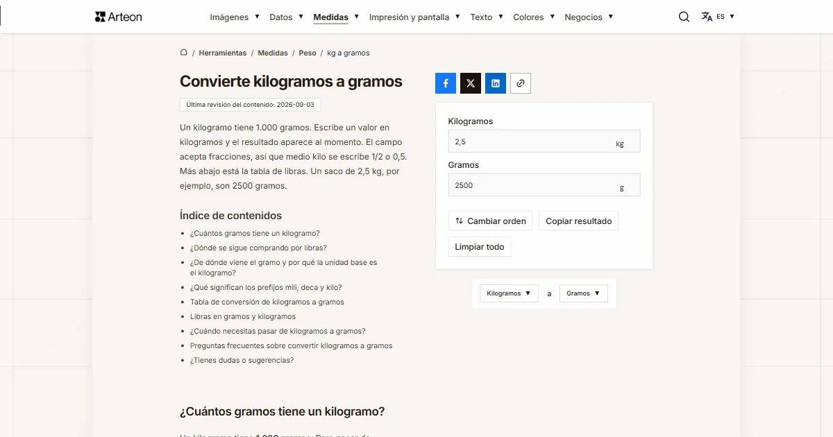 Captura de pantalla de la herramienta gratuita de Arteon: Convierte kilogramos a gramos