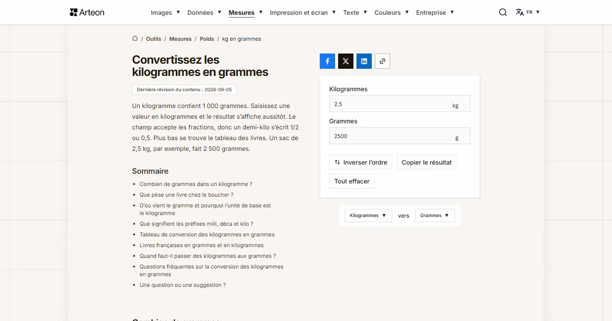 Capture d'écran de l'outil gratuit d'Arteon: Convertissez les kilogrammes en grammes