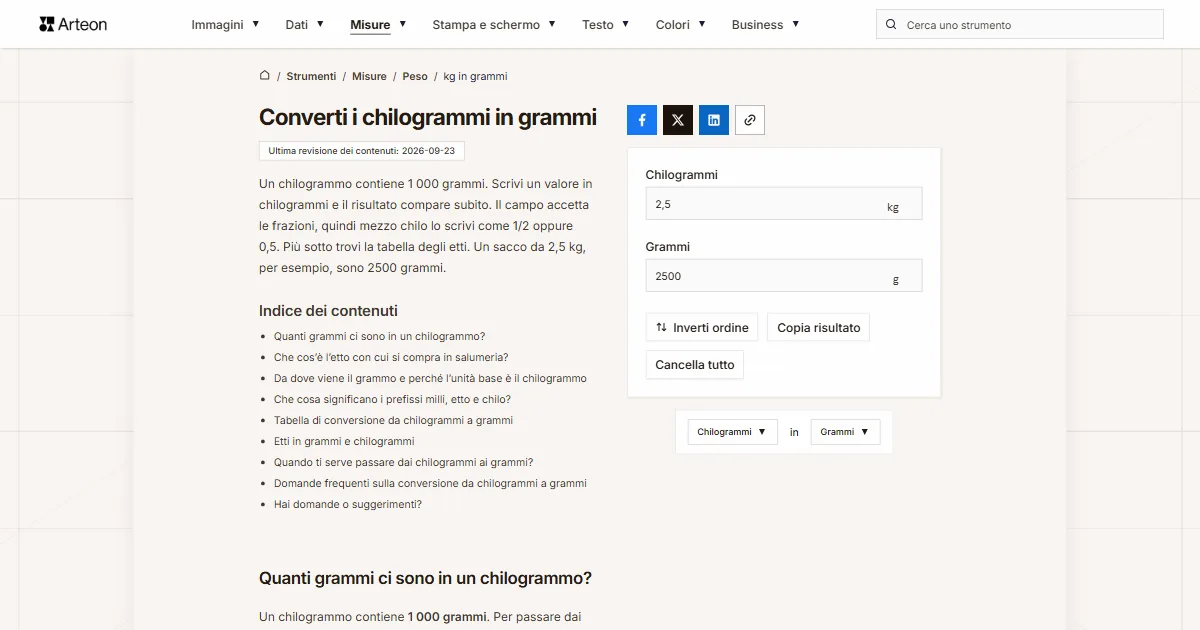 Screenshot dello strumento gratuito Arteon: Converti i chilogrammi in grammi