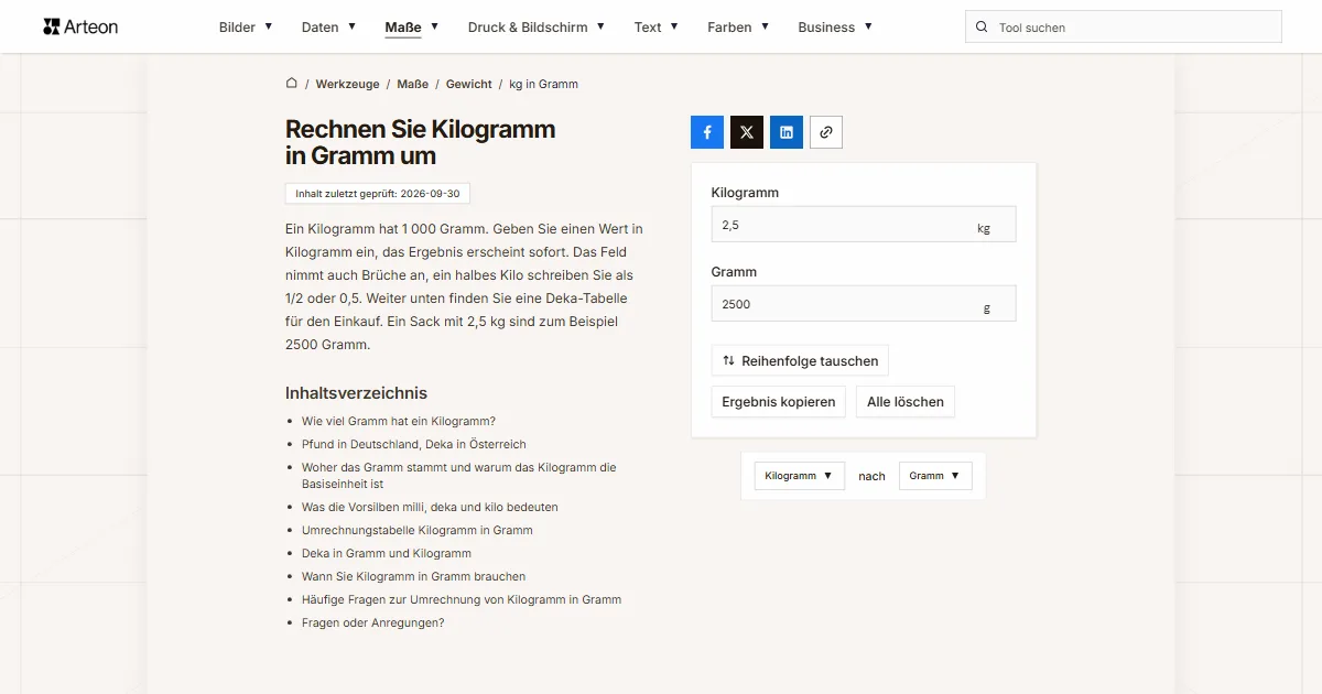 Screenshot des kostenlosen Arteon-Werkzeugs: Rechnen Sie Kilogramm in Gramm um