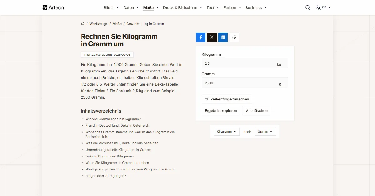 Screenshot des kostenlosen Arteon-Werkzeugs: Rechnen Sie Kilogramm in Gramm um