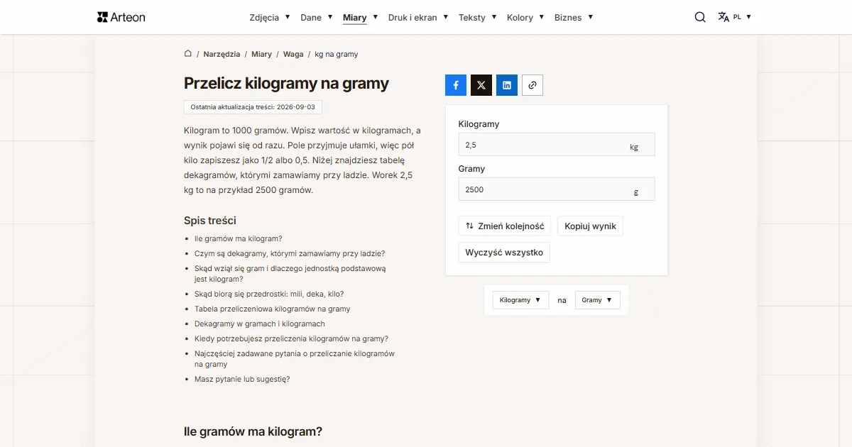 Zrzut ekranu darmowego narzędzia Arteon: Przelicz kilogramy na gramy