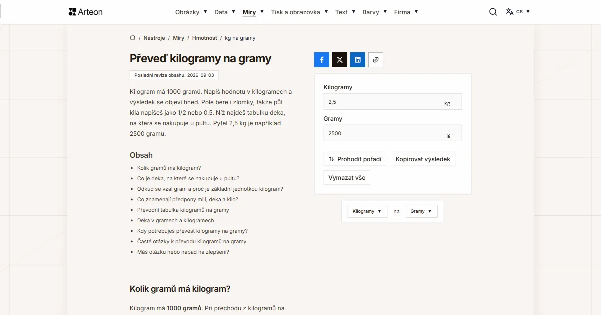 Snímek obrazovky bezplatného nástroje Arteon: Převeď kilogramy na gramy
