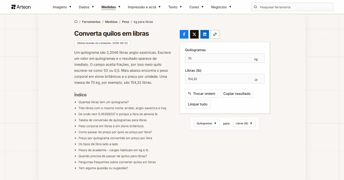 Captura de ecrã da ferramenta gratuita da Arteon: Converta quilos em libras