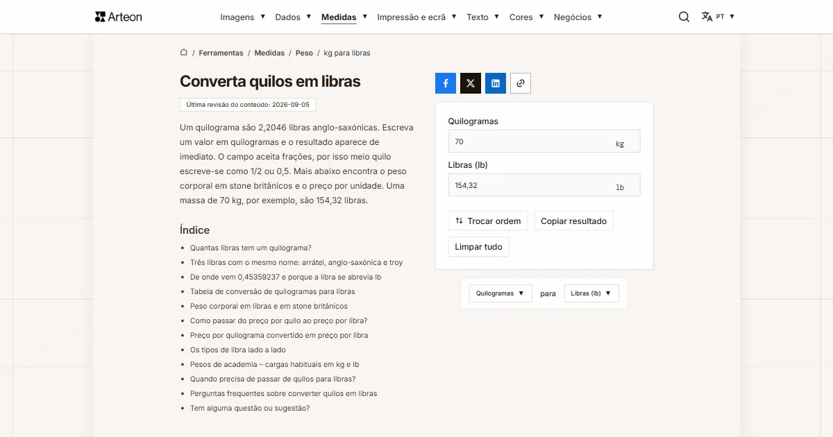 Captura de ecrã da ferramenta gratuita da Arteon: Converta quilos em libras