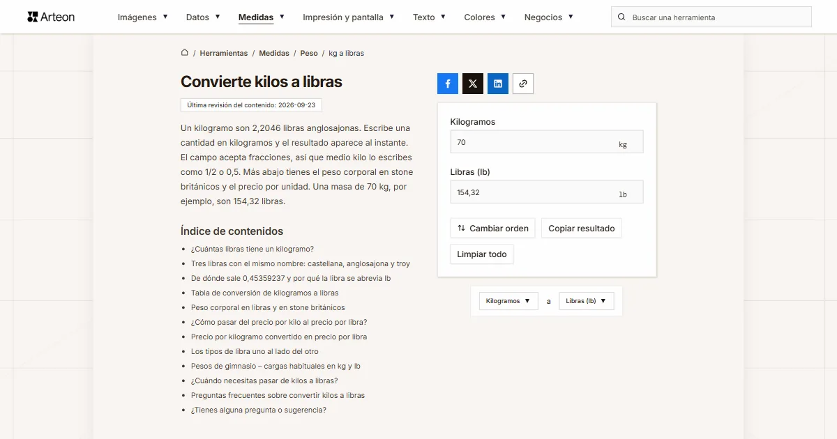 Captura de pantalla de la herramienta gratuita de Arteon: Convierte kilos a libras