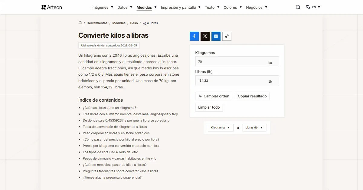 Captura de pantalla de la herramienta gratuita de Arteon: Convierte kilos a libras