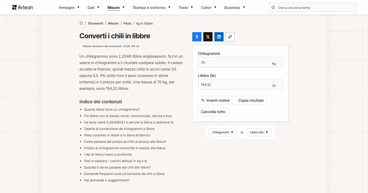 Screenshot dello strumento gratuito Arteon: Converti i chili in libbre
