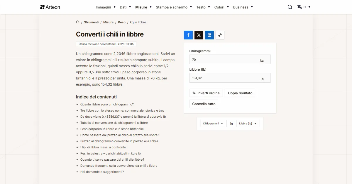 Screenshot dello strumento gratuito Arteon: Converti i chili in libbre