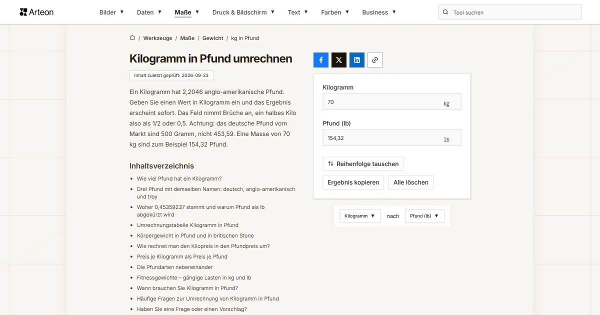 Screenshot des kostenlosen Arteon-Werkzeugs: Kilogramm in Pfund umrechnen