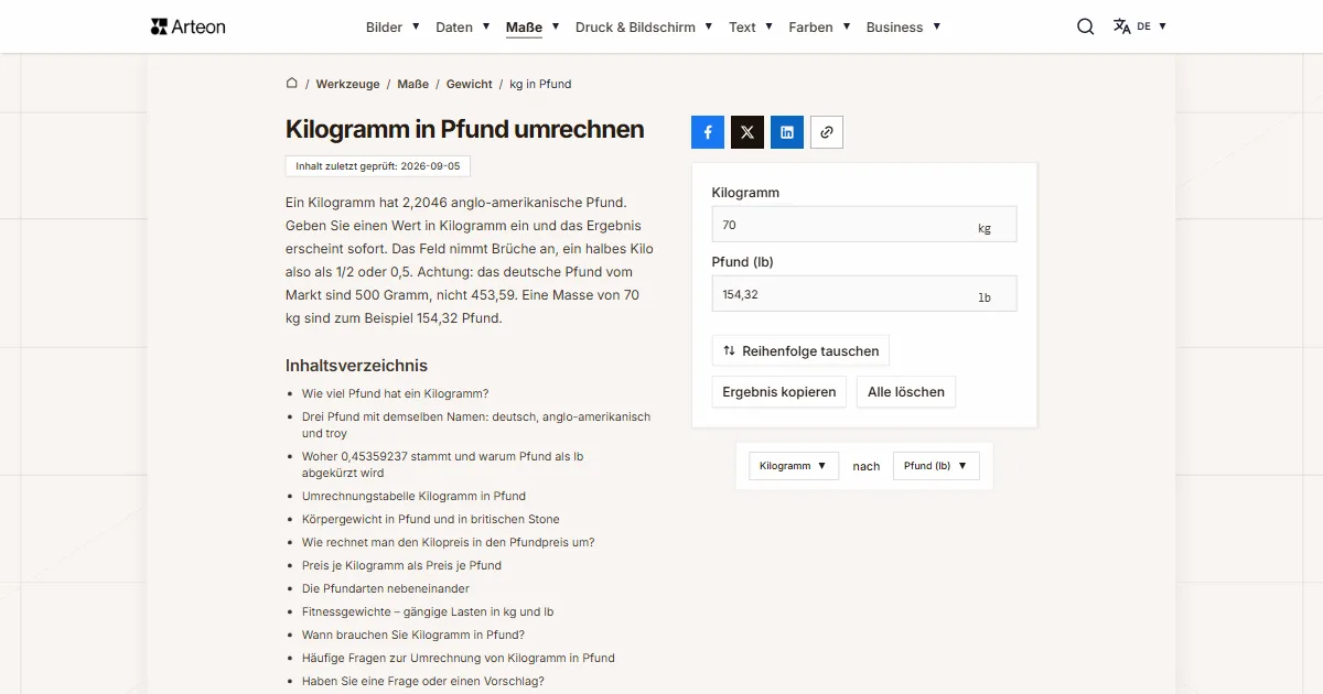 Screenshot des kostenlosen Arteon-Werkzeugs: Kilogramm in Pfund umrechnen