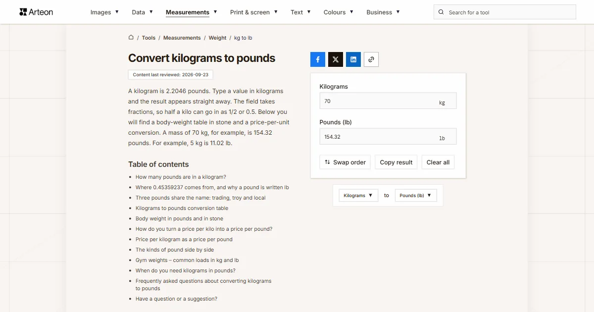 Arteon free tool screenshot: Convert kilograms to pounds