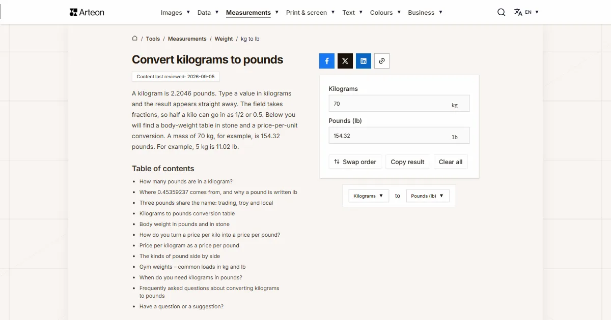 Arteon free tool screenshot: Convert kilograms to pounds