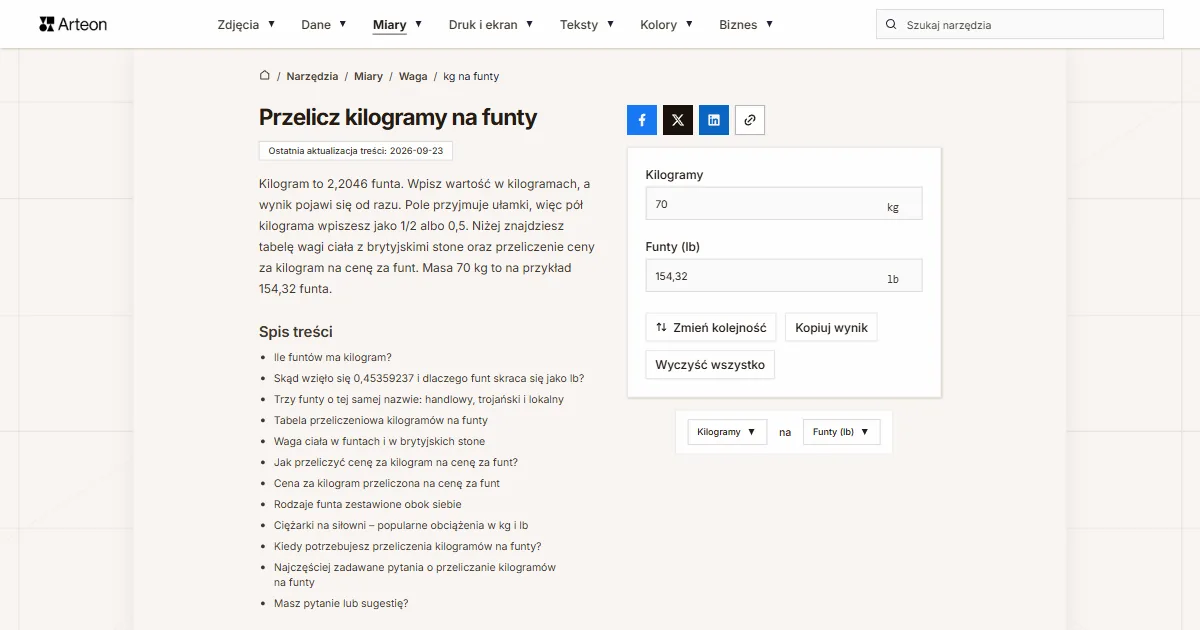 Zrzut ekranu darmowego narzędzia Arteon: Przelicz kilogramy na funty