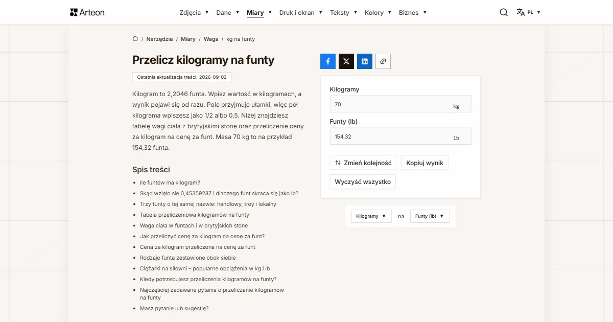 Zrzut ekranu darmowego narzędzia Arteon: Przelicz kilogramy na funty