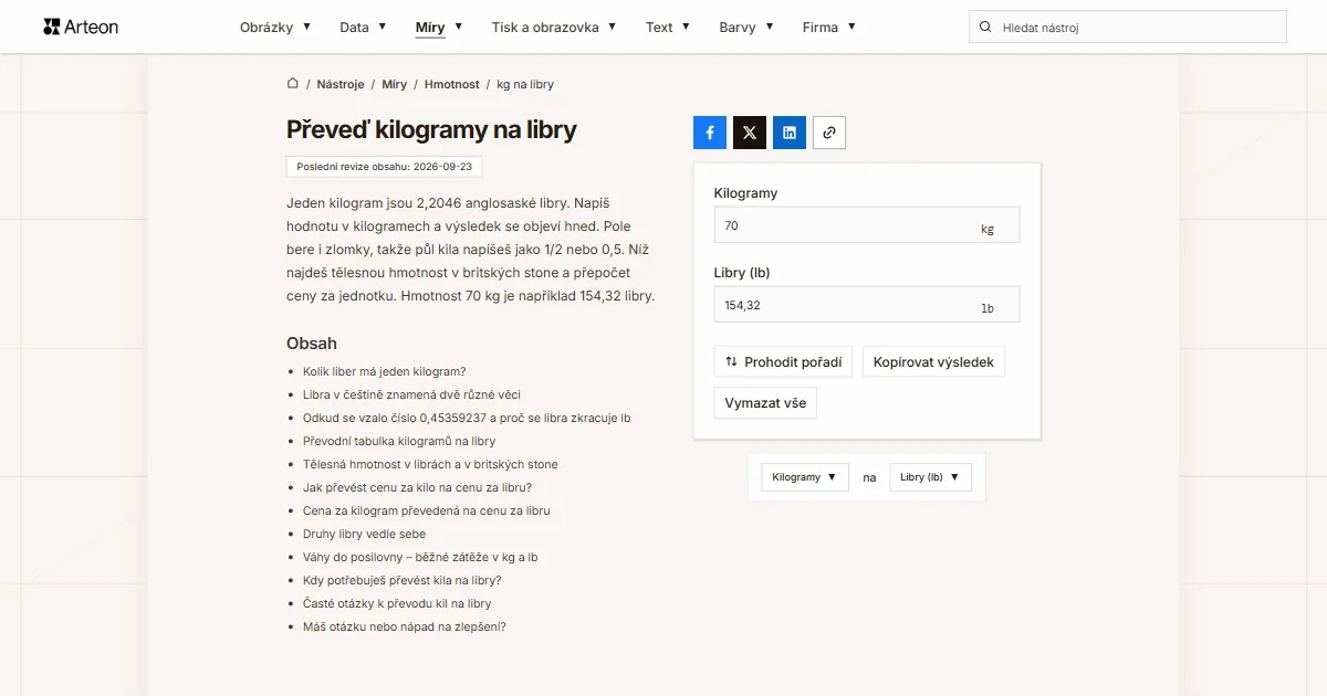 Snímek obrazovky bezplatného nástroje Arteon: Převeď kilogramy na libry