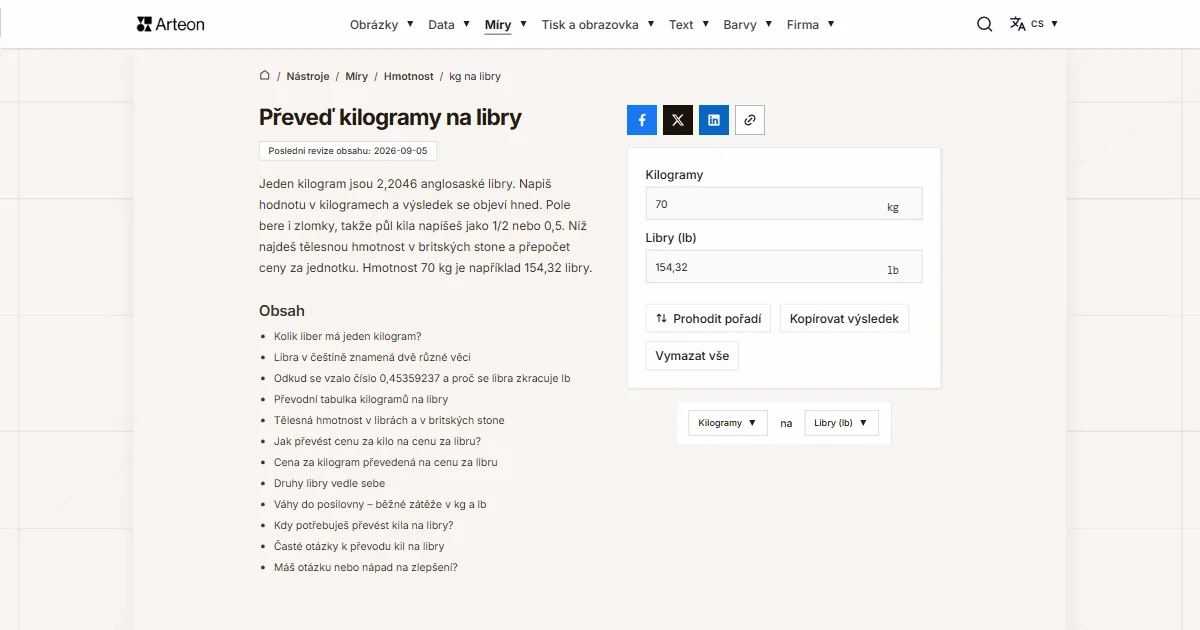 Snímek obrazovky bezplatného nástroje Arteon: Převeď kilogramy na libry