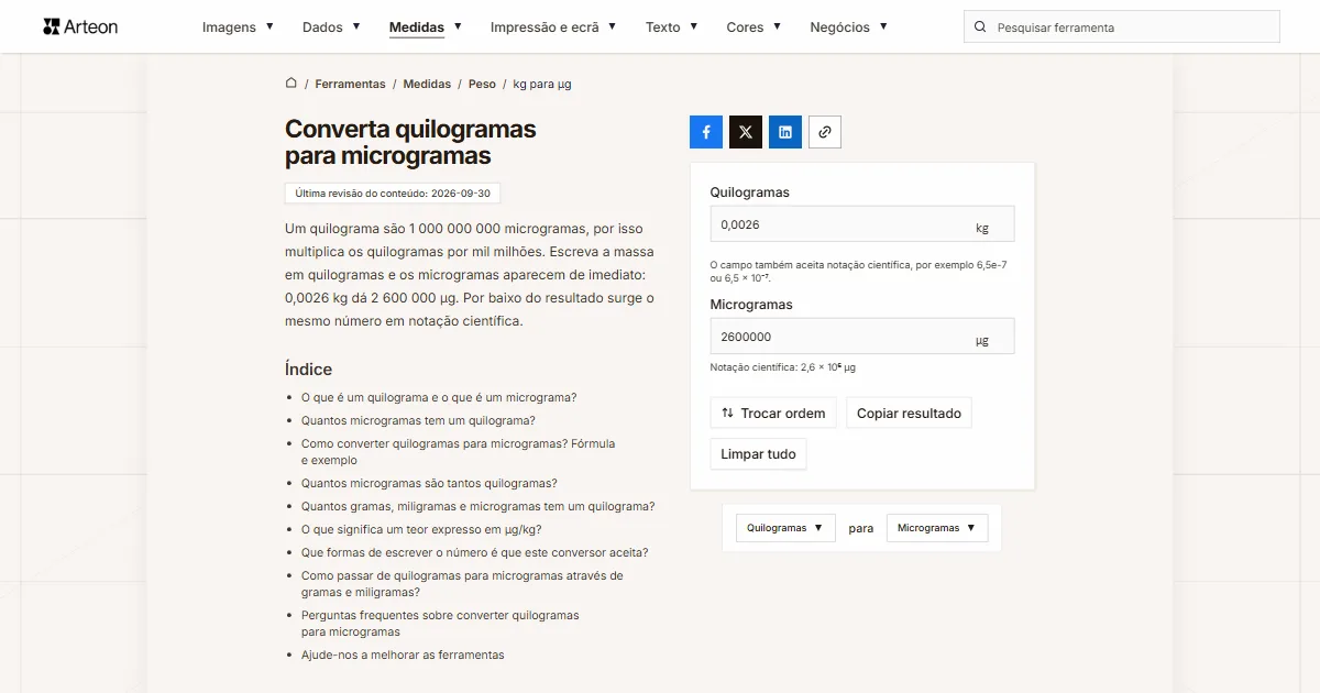 Captura de ecrã da ferramenta gratuita da Arteon: Converta quilogramas para microgramas