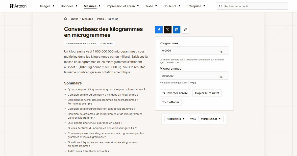 Capture d'écran de l'outil gratuit d'Arteon: Convertissez des kilogrammes en microgrammes