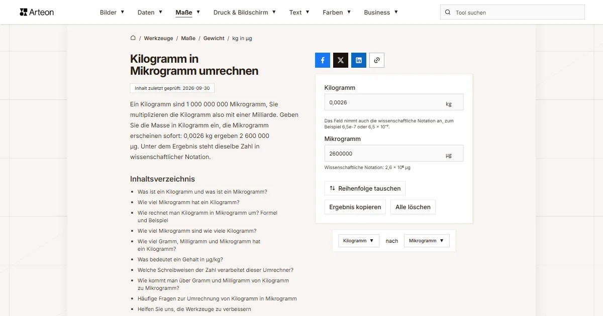 Screenshot des kostenlosen Arteon-Werkzeugs: Kilogramm in Mikrogramm umrechnen