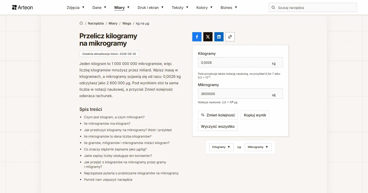 Zrzut ekranu darmowego narzędzia Arteon: Przelicz kilogramy na mikrogramy