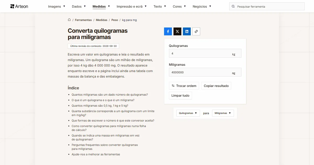 Captura de ecrã da ferramenta gratuita da Arteon: Converta quilogramas para miligramas