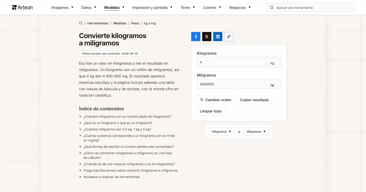 Captura de pantalla de la herramienta gratuita de Arteon: Convierte kilogramos a miligramos