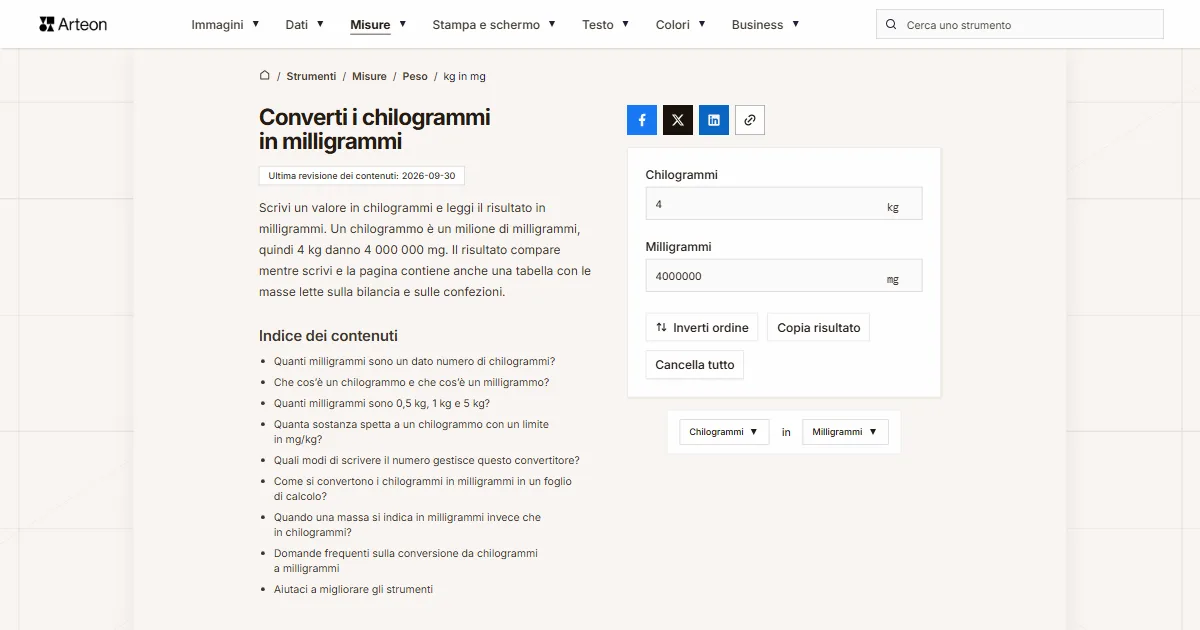 Screenshot dello strumento gratuito Arteon: Converti i chilogrammi in milligrammi