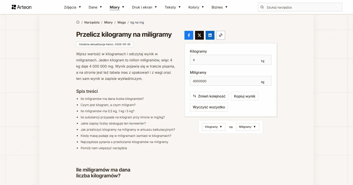 Zrzut ekranu darmowego narzędzia Arteon: Przelicz kilogramy na miligramy