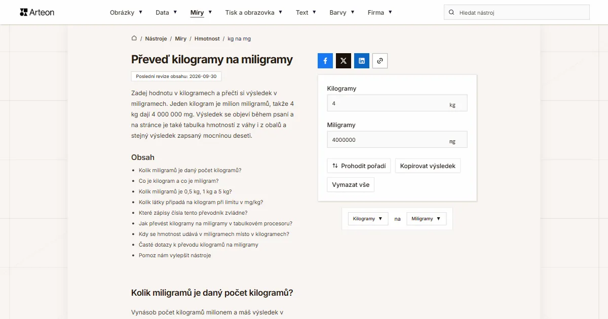 Snímek obrazovky bezplatného nástroje Arteon: Převeď kilogramy na miligramy