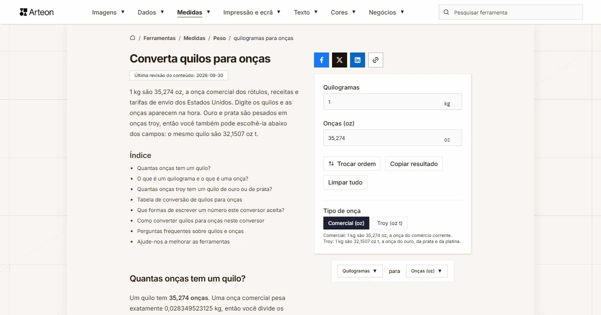 Captura de ecrã da ferramenta gratuita da Arteon: Converta quilos para onças