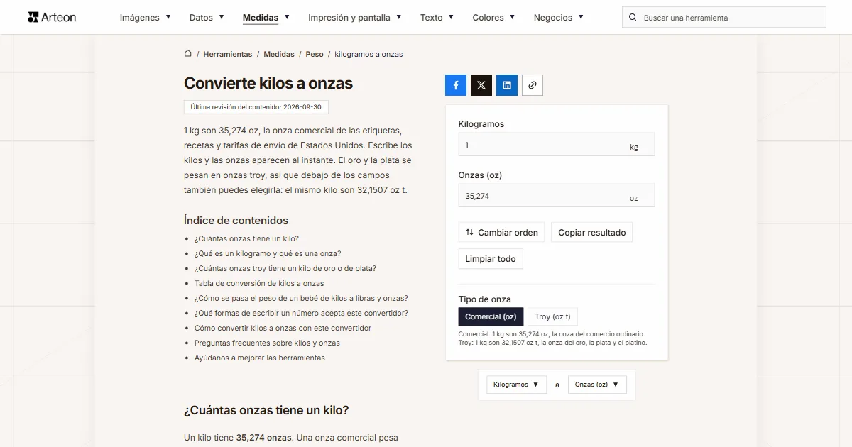 Captura de pantalla de la herramienta gratuita de Arteon: Convierte kilos a onzas