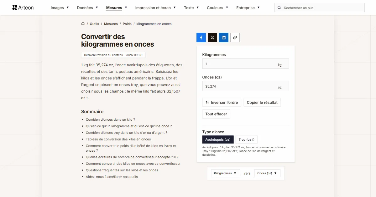 Capture d'écran de l'outil gratuit d'Arteon: Convertir des kilogrammes en onces