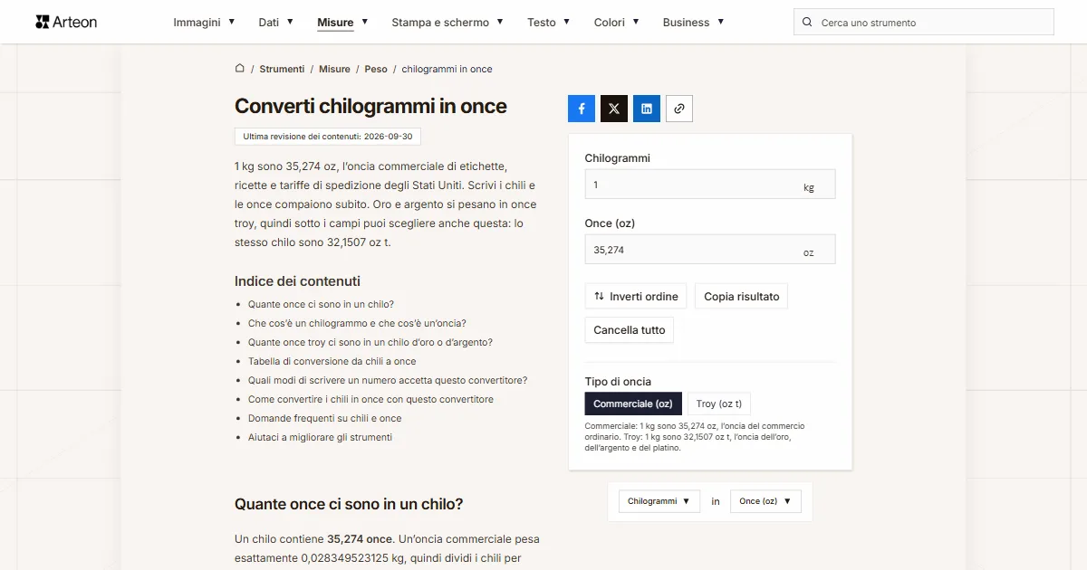 Screenshot dello strumento gratuito Arteon: Converti chilogrammi in once