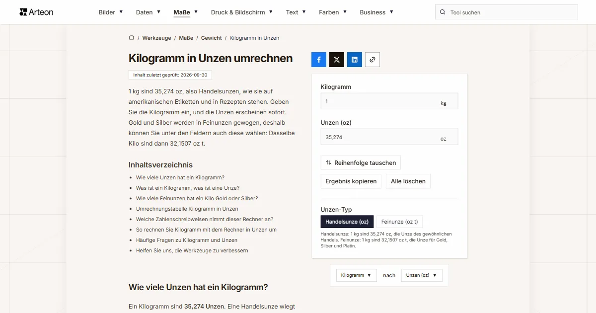 Screenshot des kostenlosen Arteon-Werkzeugs: Kilogramm in Unzen umrechnen