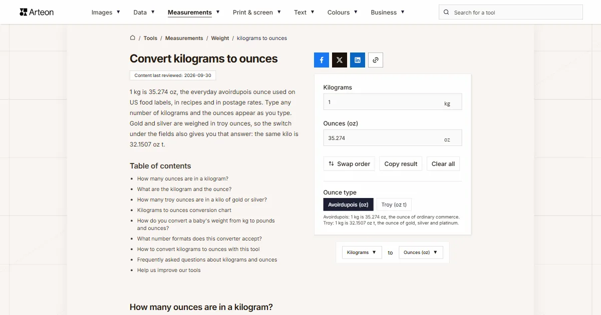 Arteon free tool screenshot: Convert kilograms to ounces