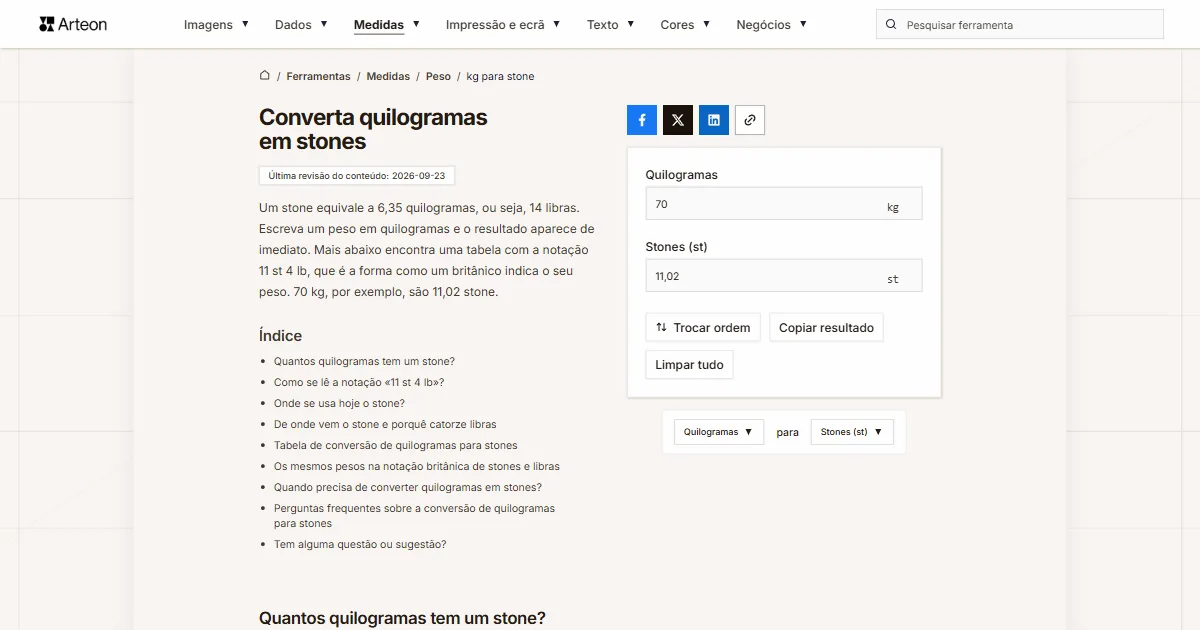 Captura de ecrã da ferramenta gratuita da Arteon: Converta quilogramas em stones