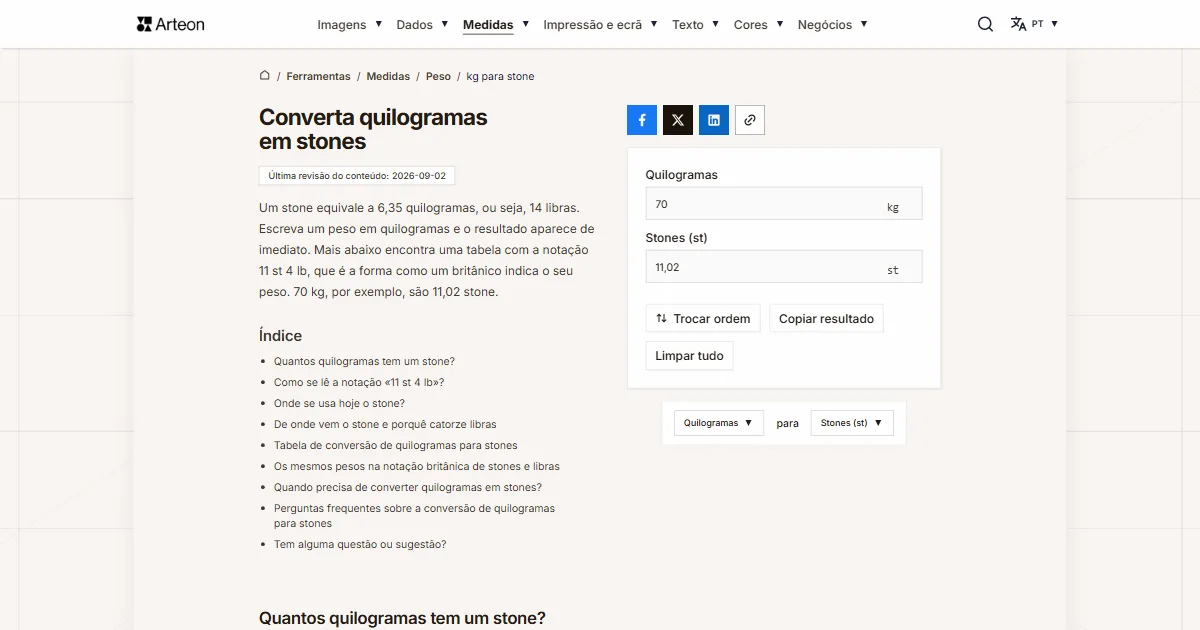 Captura de ecrã da ferramenta gratuita da Arteon: Converta quilogramas em stones