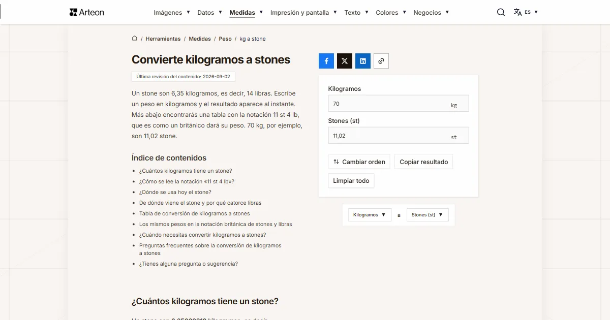 Captura de pantalla de la herramienta gratuita de Arteon: Convierte kilogramos a stones