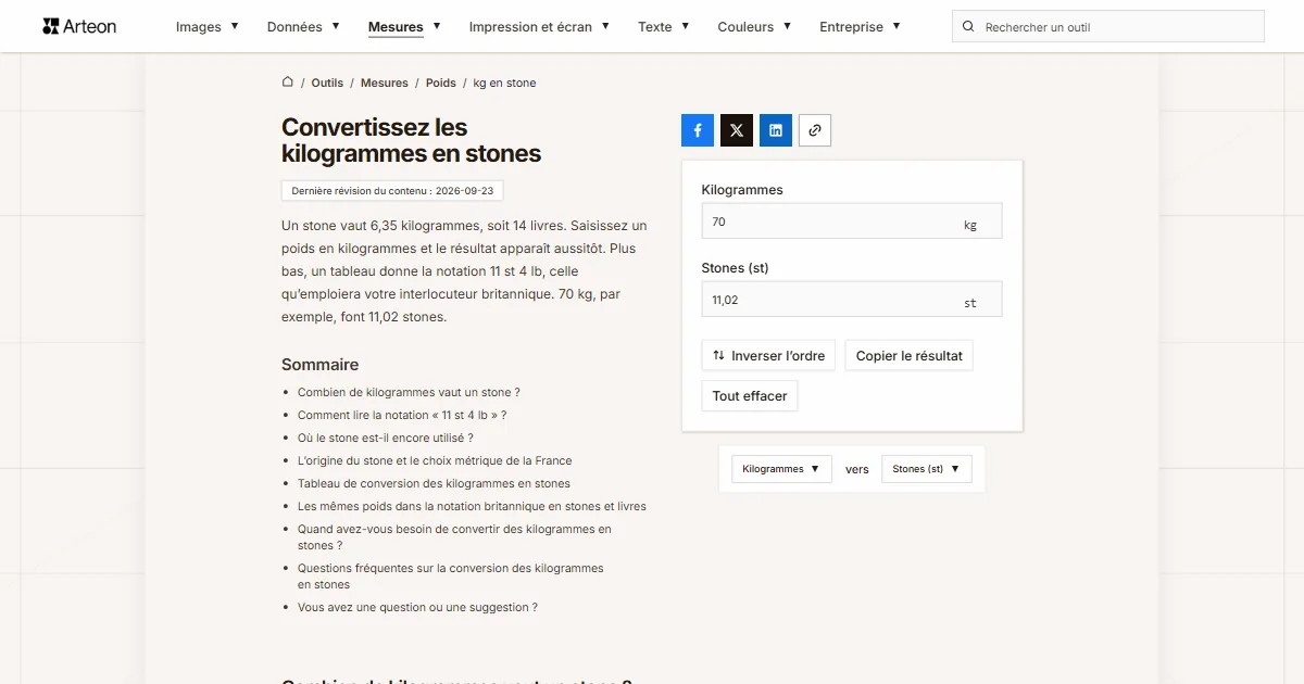 Capture d'écran de l'outil gratuit d'Arteon: Convertissez les kilogrammes en stones