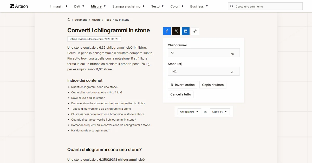 Screenshot dello strumento gratuito Arteon: Converti i chilogrammi in stone