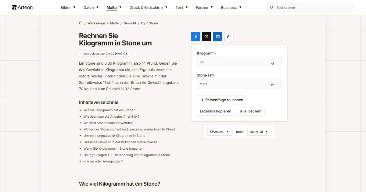 Screenshot des kostenlosen Arteon-Werkzeugs: Rechnen Sie Kilogramm in Stone um