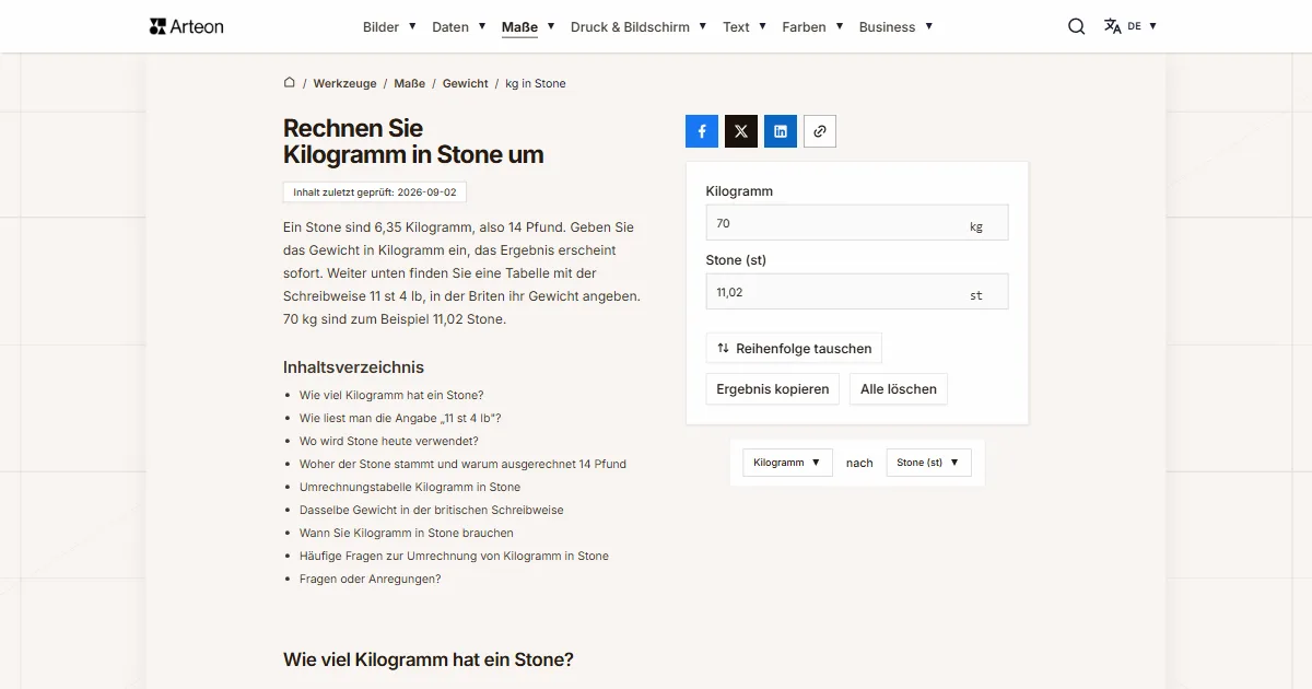 Screenshot des kostenlosen Arteon-Werkzeugs: Rechnen Sie Kilogramm in Stone um