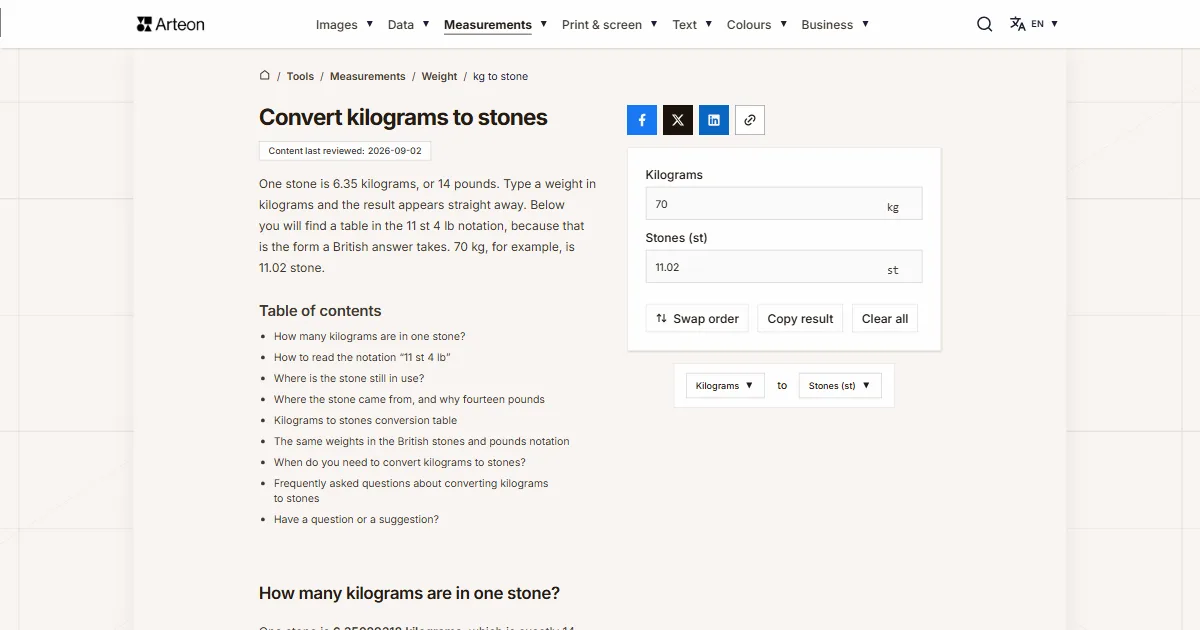 Arteon free tool screenshot: Convert kilograms to stones