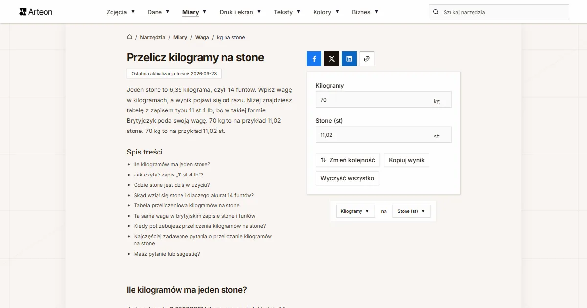 Zrzut ekranu darmowego narzędzia Arteon: Przelicz kilogramy na stone
