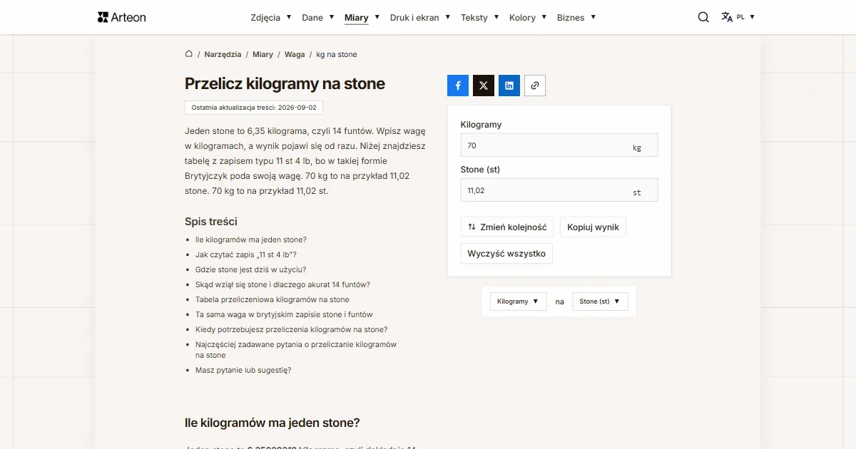 Zrzut ekranu darmowego narzędzia Arteon: Przelicz kilogramy na stone