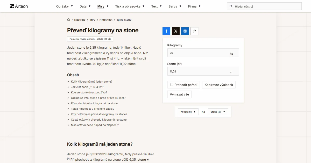 Snímek obrazovky bezplatného nástroje Arteon: Převeď kilogramy na stone