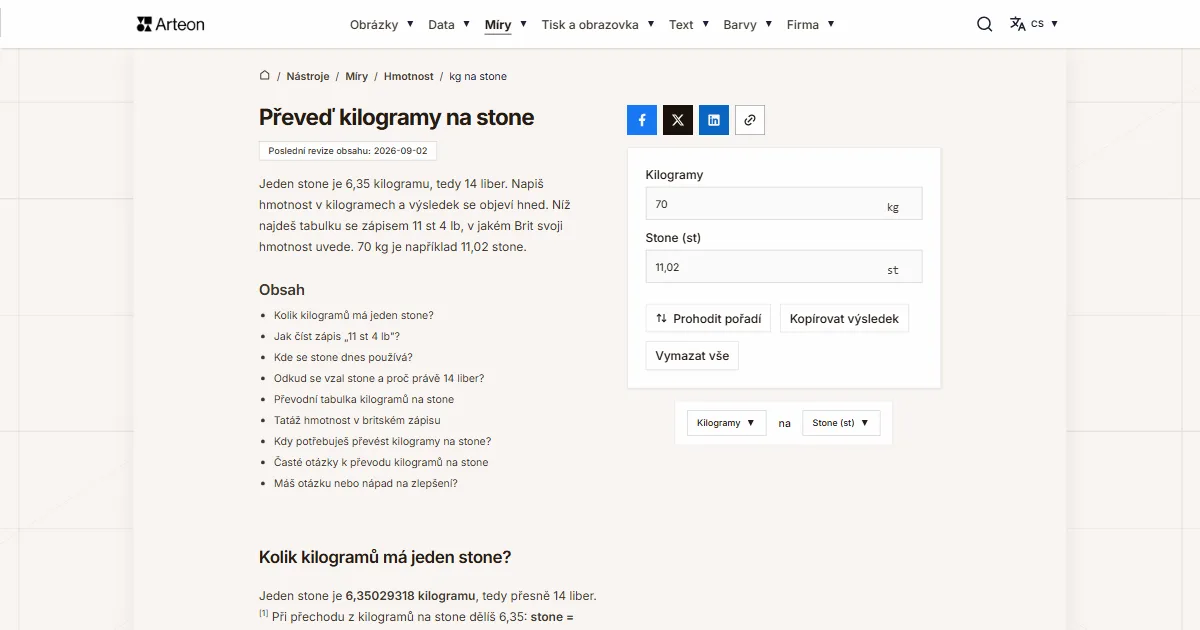 Snímek obrazovky bezplatného nástroje Arteon: Převeď kilogramy na stone