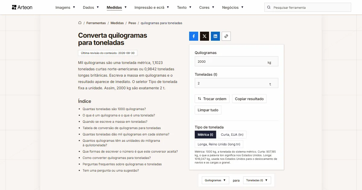 Captura de ecrã da ferramenta gratuita da Arteon: Converta quilogramas para toneladas
